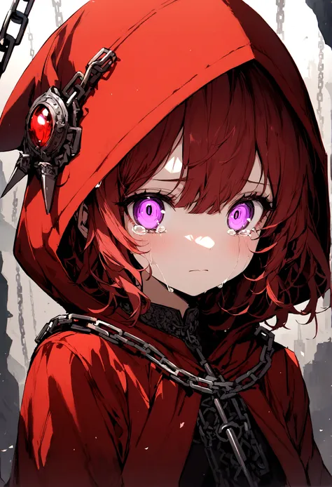 1girl like little red hat, solo, chain, glowing, glowing_eyes, hood, looking_at_viewer, hood_up, purple_eyes, short_hair, upper_body, tears
