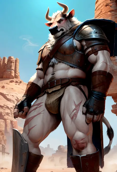  
Solo Sexy anthro furry bovine male mercenary medieval solider, slim endomorph muscular handsome model male apperance, scars, worn out rusty skimpy armament, low on hips heavy leather belt, old very worn out skimpy dirty linen material jockstrap, old yell...