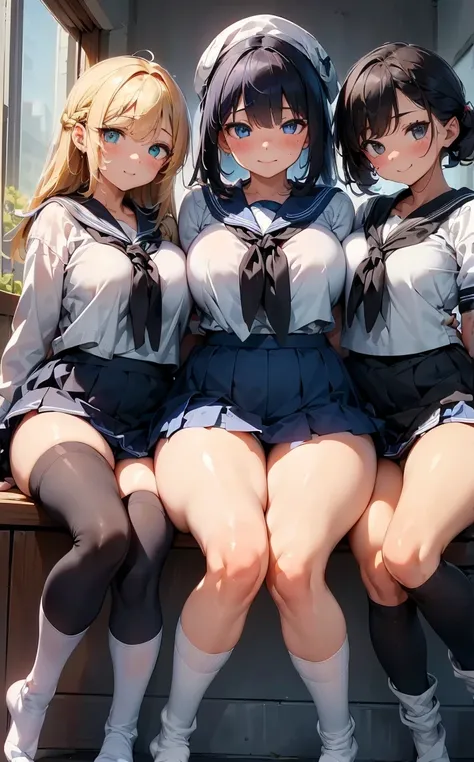 (Cute eyes:1.2), (Colorful eyes:1.2),(Beautiful Eyes:1.2), Highest quality,wonderful,finely,Highly detailed CG Unity 8k wallpaper, (The three of them lined up and hugged:1.2),(Three people with different physiques:1.3), (Three Girls, Sailor suit,  Dressed)...