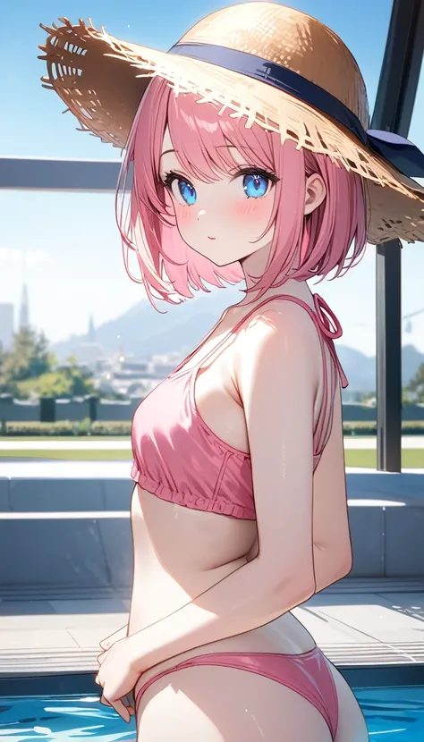 (1 girl),(Best Picture Quality, 8K, Masterpiece:1.3), (18year:1.5), ((pink lob hair:1.1)), (bob cut),(swept bangs), (cute eyes, pupil black, iris skyblue, youthful face), (mole under right eye), (standard weight), (small breasts), (glistening skin:1.1),(pa...