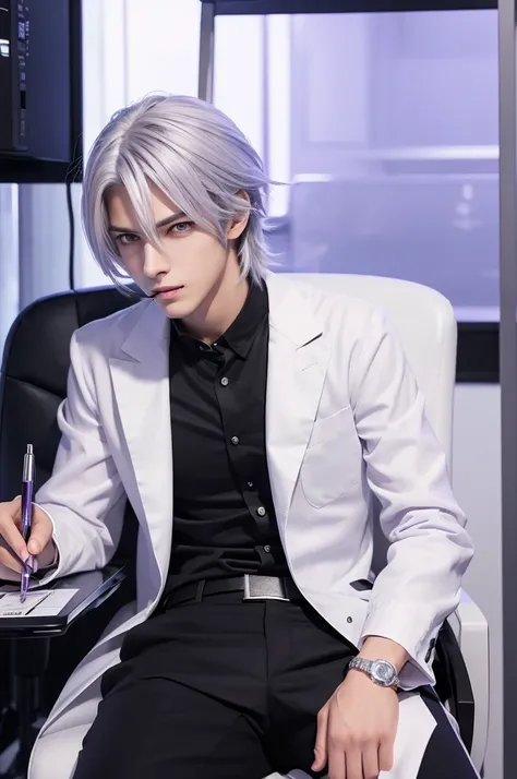 Anime-style, serious, handsome, good-looking young man, slim, silver hair, purple eyes, cyber-related laboratory, dark future laboratory, researcher, white lab coat, biting a pen, biting a ballpoint pen with teeth, thinking, sitting on a luxurious black ch...