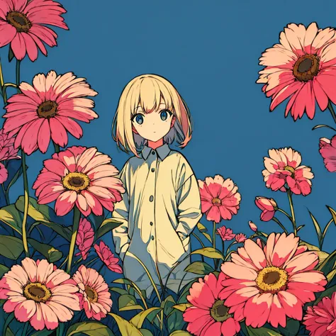 Plain background, girl in , simple, nostalgic, flower