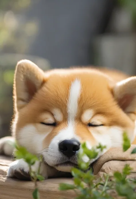 It is a cute puppy.

You are a professional creator.

Please create an image of a sleeping Shiba Inu puppy, with a focus on its tail.

The image should have very delicate quality with bold, carefree strokes and vibrant fur.

Include whiskers on its cheeks....