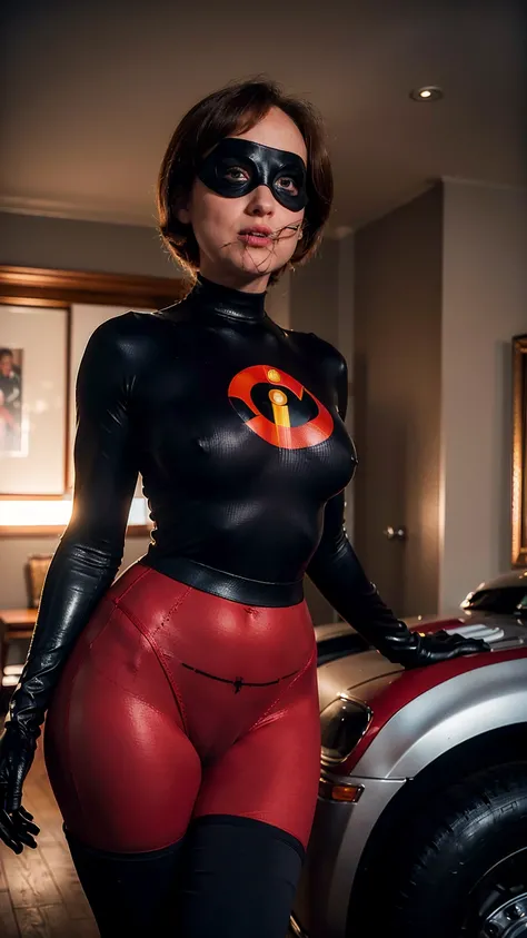 (masterpiece), (solo character), (photorealistic:1.4), ),(best quality), (the Incredibles red top bodysuit),, (Dakota Johnson wearing the red Incredibles bodysuit) ), (Dakota Johnson in helen parr hairstyle), (helen short hairstyle), (flashphoto), (epiCRea...