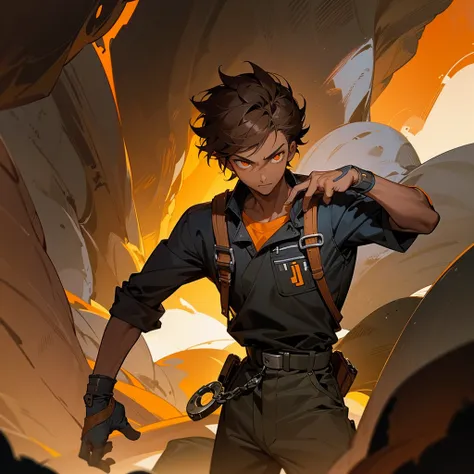 creates a 17 year old young man,  dark skin color, orange eye color, dark hair color, mechanic clothing, cave landscape, that reads a mechanical key in his hand