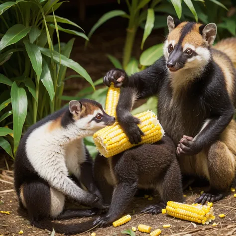 South American coati eating corn with little monkey