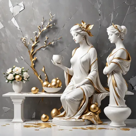 ((Showcase，Still Life Table，Artistic statues，3D sculpture，Ceramics，Surface cracks，Shattered Texture)), Communicating the beauty of nature.From Kane，Golden powder， This artwork appears on a grey background，Emphasise the artistry.
