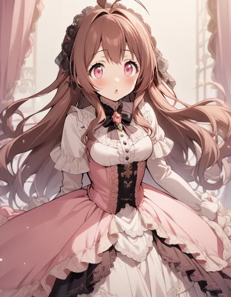 1girl,brown hair,medium_long hair,ahoge,pinkred eyes,tareme,medium breasts,morganite brooch,bright color victorian dress,