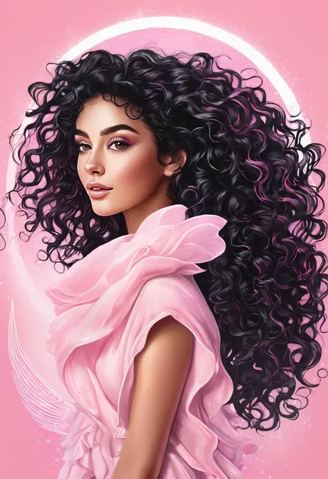 ((mejor calidad))logo of the title "euphoria", ligth pink colors, logo for a influenser,llong black curly hair, tanned skin