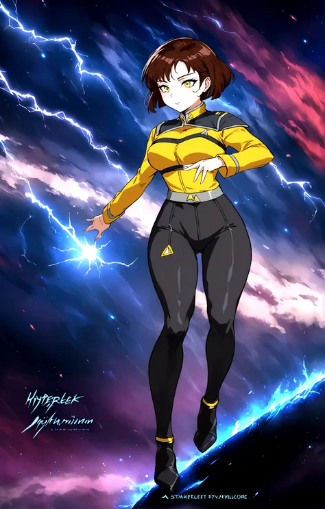 a starfleet officer, star trek officer, star trek yellow uniform, a girl with short hair in a stafleet uniform, anime style, materpiece, hyper detailed masterpiece, incredible lightning, spatial background