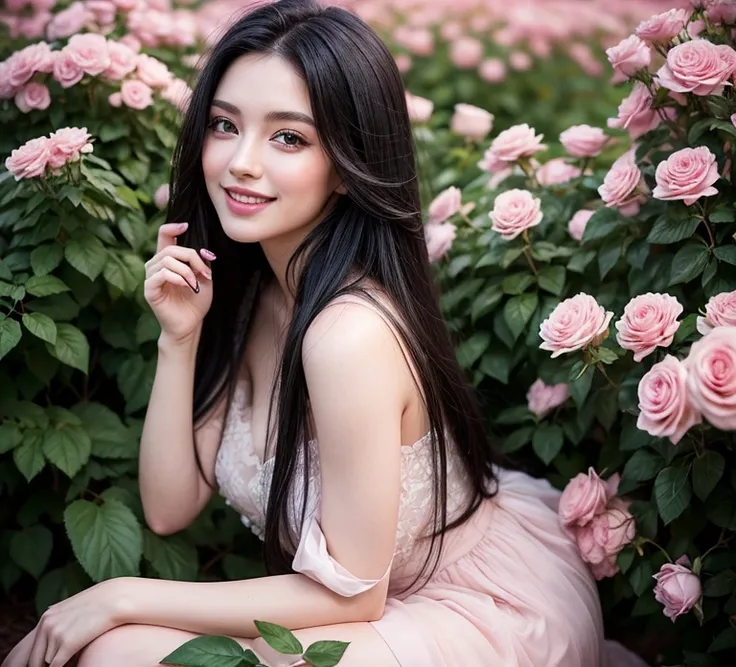 A beautiful young woman with long black hair, captivating green eyes, and a warm, genuine smile, set against a backdrop of delicate pink roses on the park, high-quality studio lighting, fashion-forward styling, presented as a stunning photographic portrait...