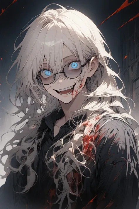 1 guy, blue eyes, white hair, wears glasses, long hair disheveled, hair gathered in a low ponytail, male build, looks at the viewer, crazy eyes, crazy smile, dressed in a black shirt, black trousers, stands, night outside, stars, blood on clothes, blood on...