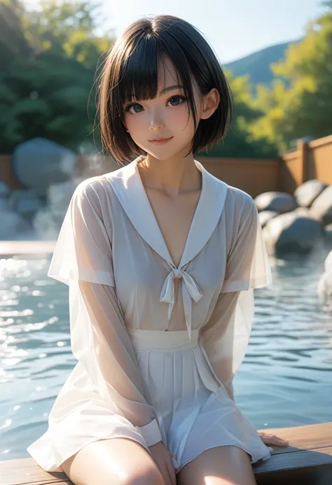 score_9, score_8_up, score_7_up, 1girl, solo, looking at viewer, short hair, black eyes, beautiful detailed eyes,black hair, nape, collarbone, long sleeves, sitting, closed mouth, small breasts, outdoors,school_uniform, short sleeves, water, onsen, steam, ...