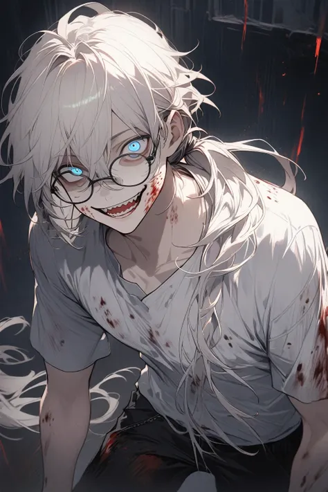 1 guy, blue eyes, white hair, wears glasses, long hair disheveled, hair gathered in a low ponytail, male build, looks at the viewer, crazy eyes, crazy smile, dressed in a white shirt, black trousers, stands, night outside, stars, blood on clothes, blood on...