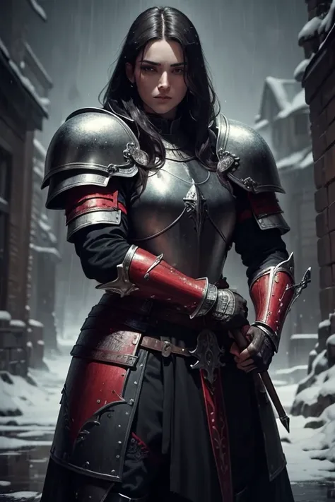 ((Best Quality)), ((Masterpiece)), (detailed), two medieval warriors, man and woman, with black armor and red details, in a dark and rainy environment