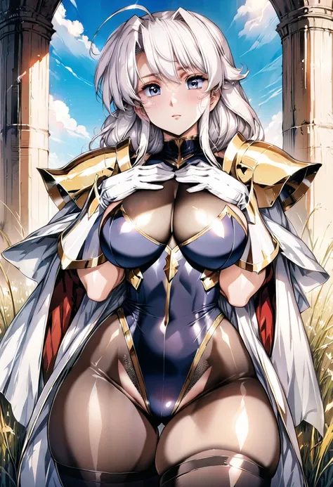 ((highest quality)), ((masterpiece)), ((hyperrealistic)), (detailed background), anime style, solo, shoot from below, 1girl, ((curvy: 1.2)), kawaii, paladin, ((Lamé racing leotard)), ((catsuit leotard)), (paladin armor), (breastplate armored dress), cloak ...