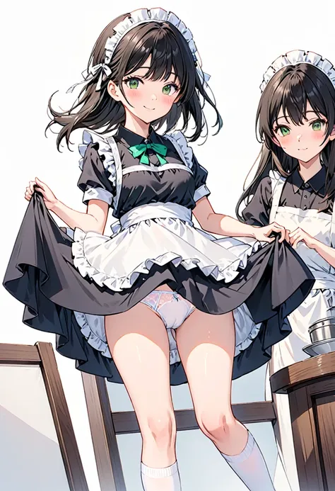 Clothes_lift, lifted_by_Own, skirt_lift, dress_lift, Maid_headdress, Maid, skirt_all, apron, panties, underwear, One girl, length_hair, dress, white_Legwear, white_apron, 一人in, smile, white_panties, Knee socks, short_sleeve, bow, enMaided, Looking_in_Audie...