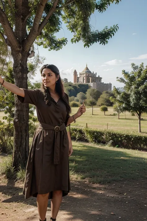 ancient woman pointing to a palace in the visible distance between the trees