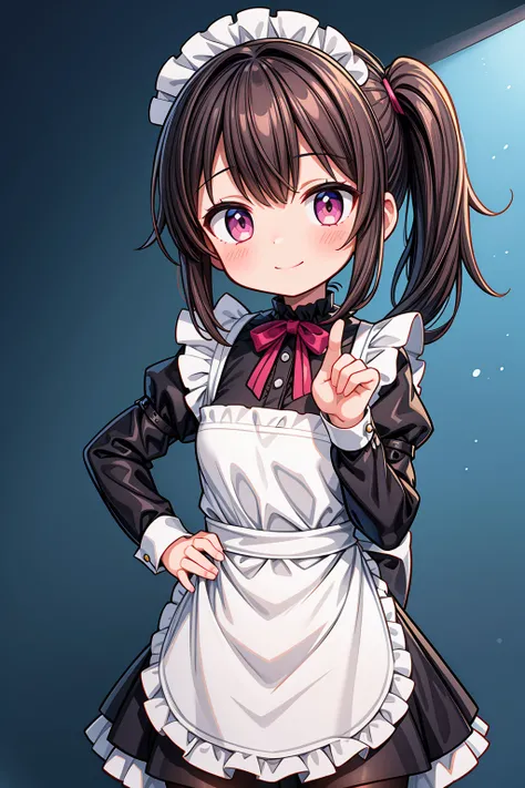 (Highest image quality), (highest quality), (masterpiece), (dynamic lighting), (photo realism), maid uniform, detailed face, ((loli)), ((girl)), (little curve), short black hair, (one side ponytail hairstyle), pink eyes, ((tiny bust)), (apron), smile, wink...