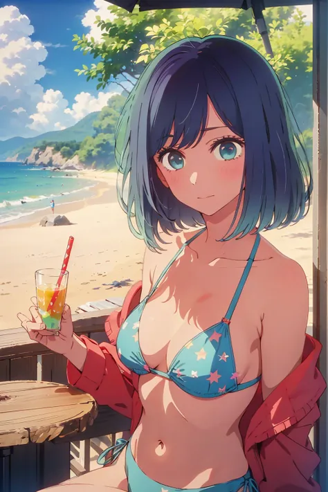 (Highest quality:1.4、masterpiece:1.4、Super detailed:1.4、8K:1.4)、((((1 person、Surprised expression、sit、Outdoor café terrace、coastal、juice、table、Sandy Beach、juiceのグラスを持つ、Plain Bikini、Very soft boobs、Big eyes、Very cute face))))、F cup bust、Medium breast