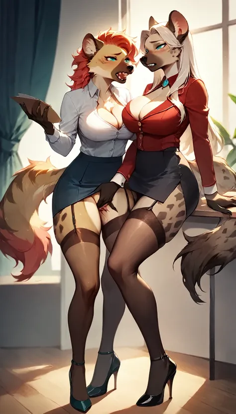 score_9, score_8_up, score_7_up, score_6_up, score_5_up, score_4_up, (two girls riding echother), (masturbating) female anthro hyena, secretary clothes, skirt, high heels, lusty, fluffy body, long blond hair, turquoise eyes, (thick thighs:1.5)((( offering ...