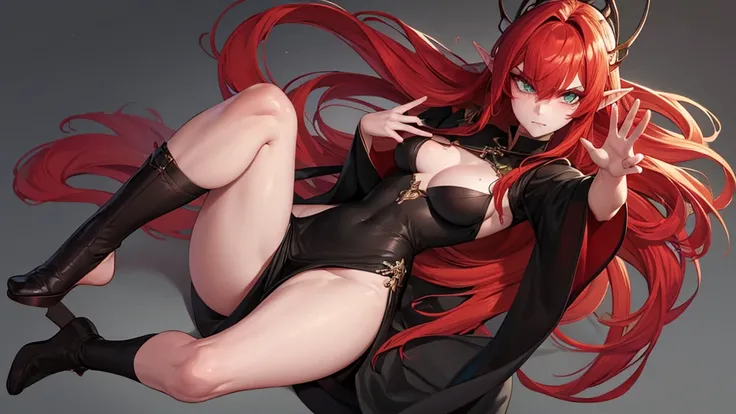 (red-crimson hair) elf ears, freckles, Adult woman, sculpted body, Super detailed hand, super detailed face, Hyper detailed body, (emerald green eyes), Big breasts, concentrated eyes, Quite detailed eyes, pale skin, Flushed face, (( in a long black Chinese...