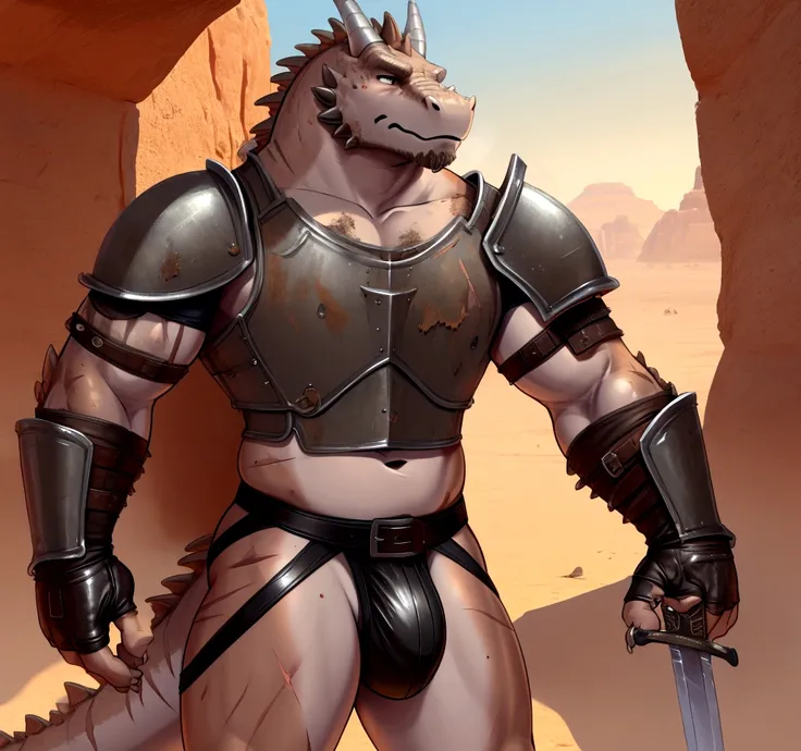 Solo Sexy young anthro scalie dragon male mercenary medieval solider, slim endomorph muscular, anthro handsome gay shorter muzzle, handsome gay model male apperance, sword scars, worn out leather skimpy armament, low on hips heavy leather belt, old very wo...