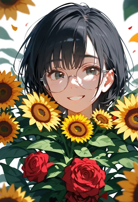 Beautiful girl with glasses, Long black hair, Bouquet of sunflowers and red roses, Bright colors, smile, 8K quality, Focus of the film, close your eyes