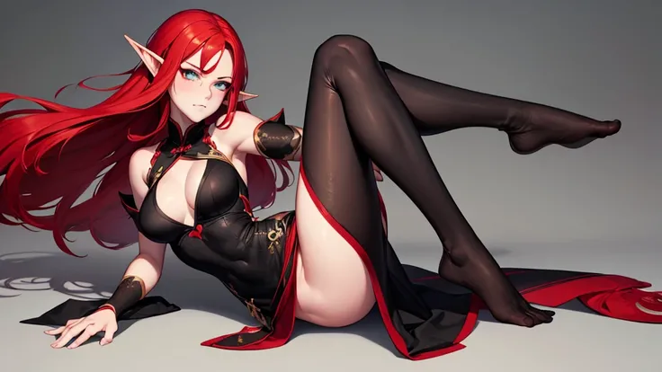 (red-crimson hair) elf ears, freckles, Adult woman, sculpted body, Super detailed hand, super detailed face, Hyper detailed body, (emerald green eyes), Big breasts, concentrated eyes, Quite detailed eyes, pale skin, Flushed face, (( in a long black Chinese...