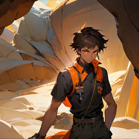 creates a 17 year old young man,  dark skin color, orange eye color, dark hair color, mechanic clothing, cave landscape, that reads a mechanical key in his hand