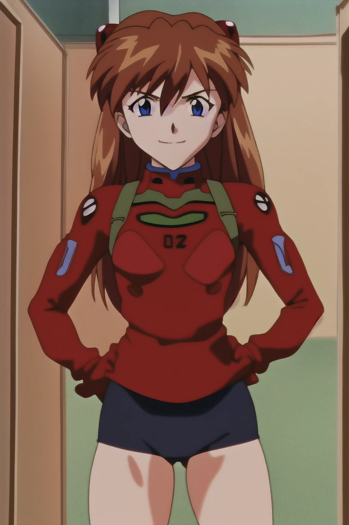 Asuka, 1 girl, Alone, ling_Hair, sinos, looking_in_viewer, SMILE, cupboard_boca, hits, Blue_eyes, Orange_Brown_Hair, gloves, Hair_intre_eyes, of pie, cowboy_shooting, little_sinos, in forma de v_Eyebrows, bodyIt lasts, turtleneck, headgear, of_below, happy...