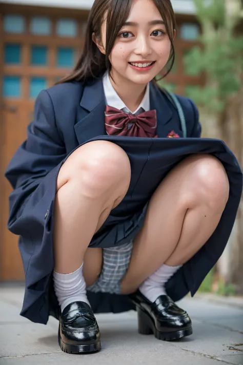 ((highest quality、8k、masterpiece:1.3)),((((fullbody shot)))),Ultra-high resolution,big eyes,Japanese,bangs,(a girl),(1 girl),((20 years old)),((facing at viewer)),((looking at viewer)),(long hair),(((black school uniform))),grin,((squatting)),(pleated mini...