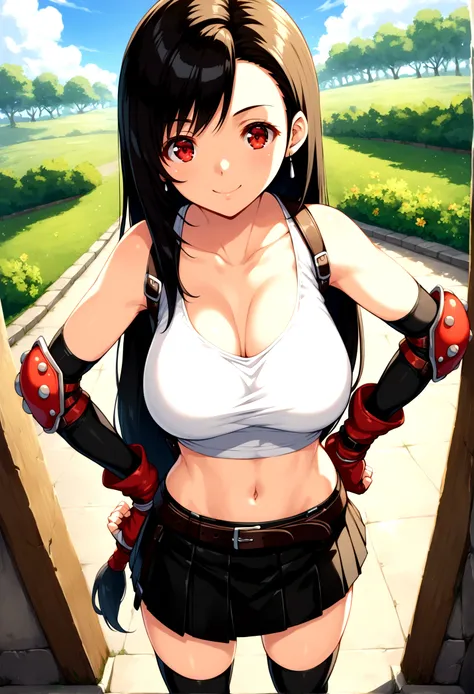 score_9, score_8_up, score_7_up,,BREAK , ,from front,front view,front angle,pov,straight-on,,standing,contrapost, ,,straight-on,Solo ,1girl, tifa lockhart, final fantasy, tareme,black hair, low-tied long hair, red eyes, bangs, (white tank top, belt, pleate...