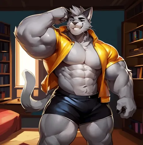 Solo, Anthro, male (((grey cat, black eyes, black pupils, muscular, , abs, cat whiskers, grey fur, grey body, grey hair, black eyebrows, tail, smiling, yellow jacket, long shorts))) standing, bedroom, bed, bookcase, full body, perfect anatomy, by darkgem, ...