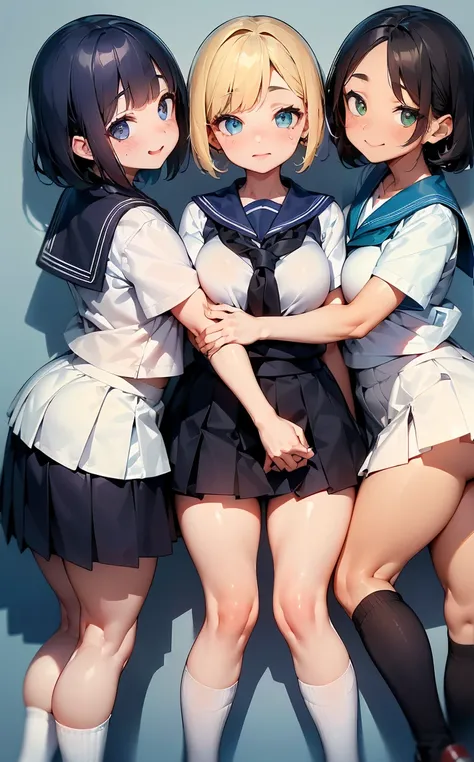 (Cute eyes:1.2), (Colorful eyes:1.2),(Beautiful Eyes:1.2), Highest quality,wonderful,finely,Highly detailed CG Unity 8k wallpaper, (The three of them lined up and hugged:1.2),(Three people with different physiques:1.3), (Three Girls, Sailor suit,  Dressed)...