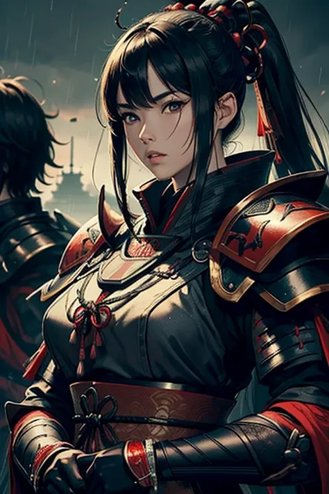 ((Best Quality)), ((Masterpiece)), (detailed), two samurai warriors, man and woman, with black armor and red details, in a dark and rainy environment