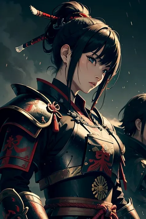 ((Best Quality)), ((Masterpiece)), (detailed), two samurai warriors, man and woman, with black armor and red details, in a dark and rainy environment