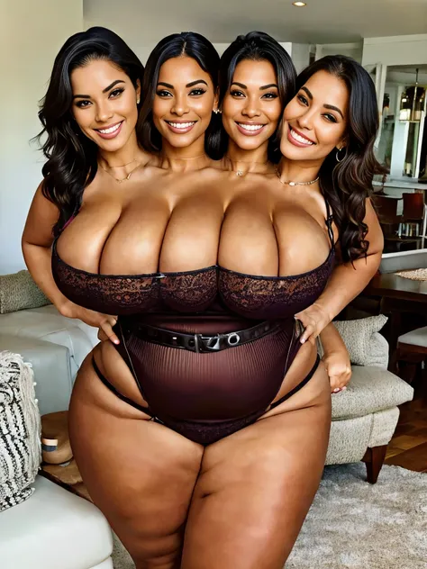 3heads, women, age 40, colombian, big breasts, posing for a picture in a living room, smiling for the camera, posing, brunettes, beautiful, beautiful faces, laughing, gorgeous faces, insane smile, very huge smile, wearing a watch, looking at the time on th...