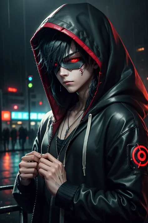 cyberpunk,hacker,boy, ANONYMOUS,  Red eyes, in a hoodie, WITH RAINY BACKGROUND, dark