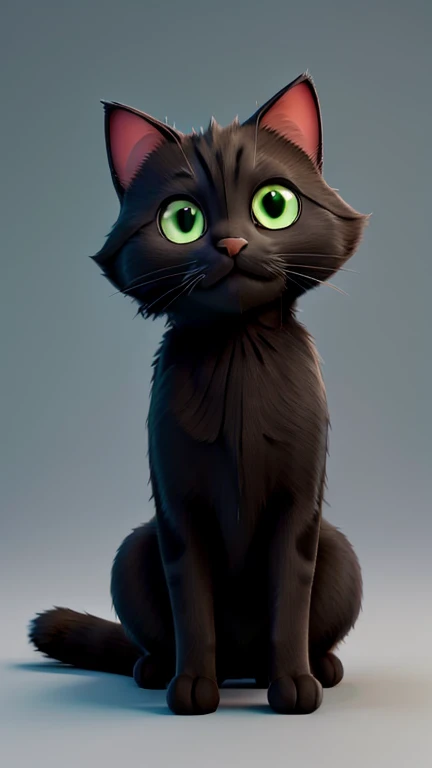 Cat with completely black fur and green eyes, sitting down, in good lighting with white background for illustration 