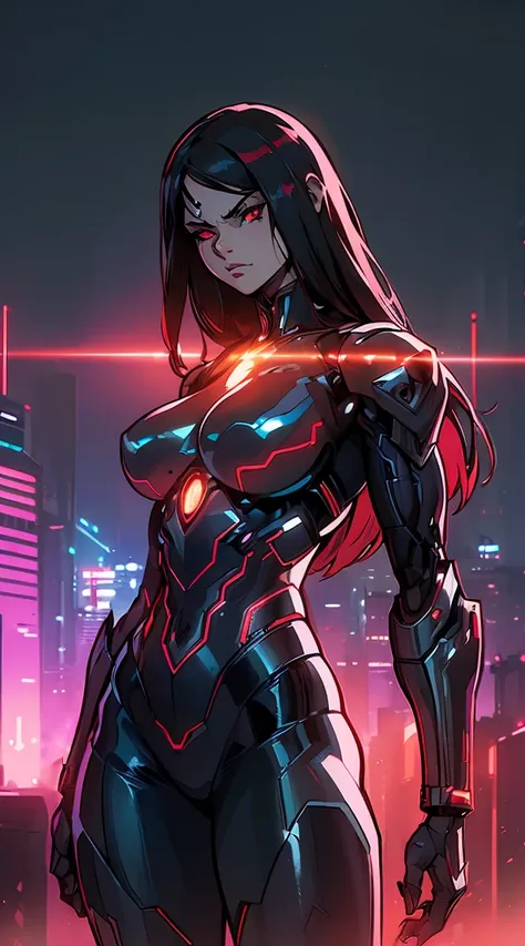 (best quality,ultra-detailed,realistic:1.37),woman cyborg,red eyes,evil,anime,huge ,sleek metallic body,expressionless face,glow...