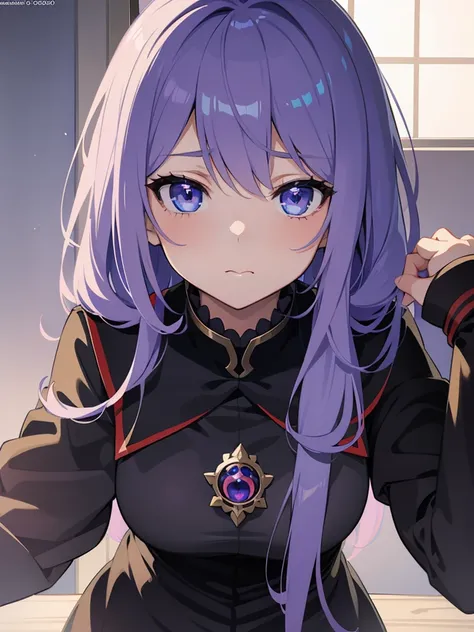 Close-up of face,Diagonal angle., complex details beautiful and delicate eyes, anime girl with long light purple hair and blue eyes posing for a picture, shadowverse style, smooth anime cg art, sayori, detailed digital anime art, guweiz, sui ishida art man...