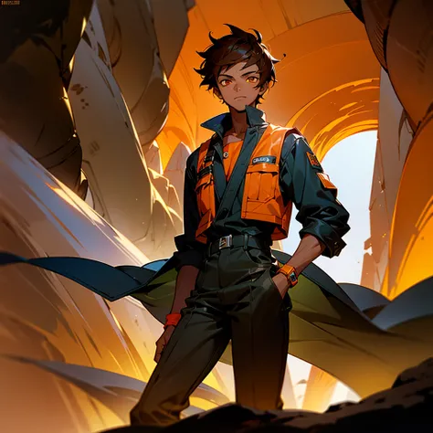 creates a 17 year old young man,  dark skin color, orange eye color, dark hair color, mechanic clothing, cave landscape, that reads a mechanical key in his hand