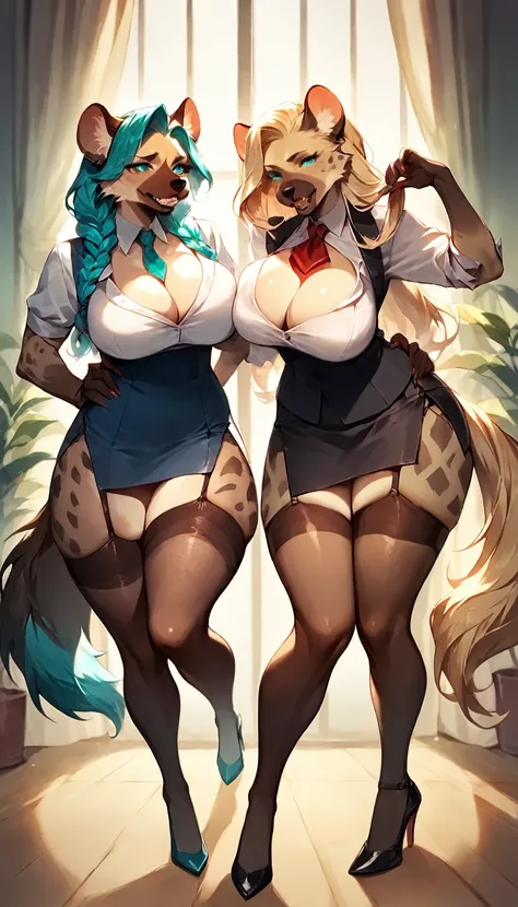 score_9, score_8_up, score_7_up, score_6_up, score_5_up, score_4_up, (two girls sex pose), female anthro hyena, secretary clothes, skirt, high heels, lusty, fluffy body, long blond hair, turquoise eyes, (thick thighs:1.5)((( offering the breasts))) sex par...