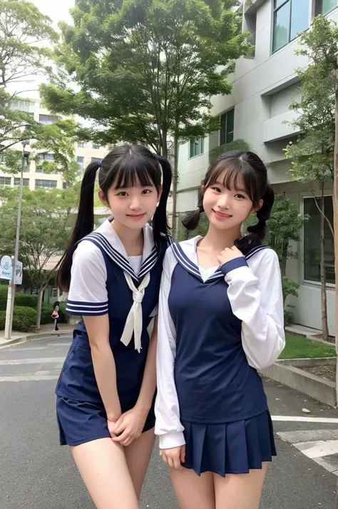 {1 | 2} girls standing in school street,navy blue school swimsuit,white sailor shirt over,18-year-old,bangs,a little smile,thighs,knees,short hair with low pigtails bunches,from below,front light