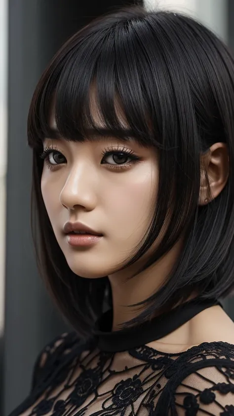 ,,,,,a close-up of a woman with , ela tem cabelo preto with bangs, Hime black haircut, ulzzang, korean, with short hair with bangs, with short hair, dilraba dilmurat, garota gótica korean cruel, hairstyle hair styled like bangs, with bangs, korean symmetri...