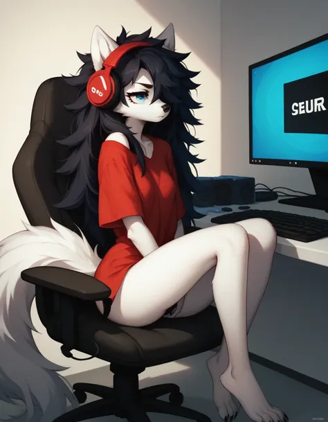 score_9,score_8_up,score_7_up, sierra, a young nerdy anthro furry wolf woman, white furry body, tall, awkward, long black messy ...