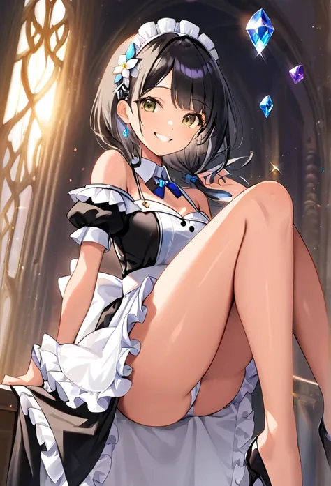 A beautiful young woman with shoulder-length black hair, clear and light brown eyes, smooth skin, and a lovely smile, wearing a maid costume with a crystal flower accessory, stunning body proportions and beautiful legs