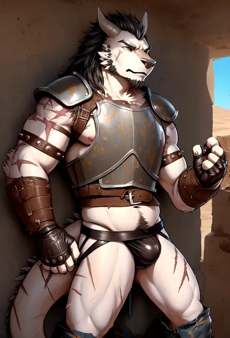 Solo Sexy young anthro scalie dragon male mercenary medieval solider, slim endomorph muscular, anthro handsome gay shorter muzzle, handsome gay model male apperance, sword scars, worn out leather skimpy armament, low on hips heavy leather belt, old very wo...