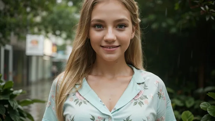 Lily Bowman), posing, modeling full body, with casual floral outfit design, sexy smile, rain, best quality, blur background with Green Eyes, , Ultra Realistic, Meticulously Detailed, Portrait, Blonde Hair and Big Eyes, Selfie of a Young Woman, Green Eyes, ...